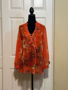 Christina Orange Floral & Leopard Lace-Up Ruffle Blouse